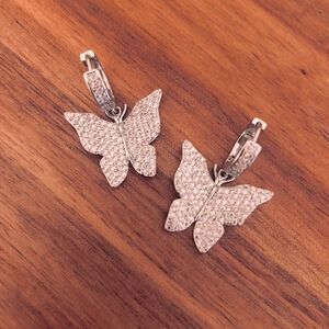Micro Pave Zircon Butterfly Earrings | Silver Tone | 1.25” Drop